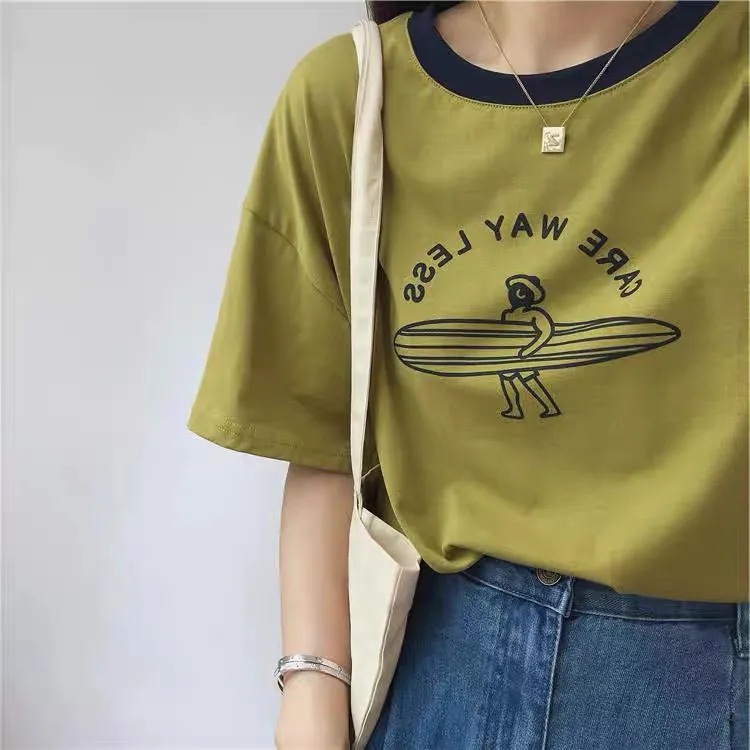 敲显白芥末黄T恤夏季冲浪板字母印花宽松显瘦圆领休闲上衣短袖女