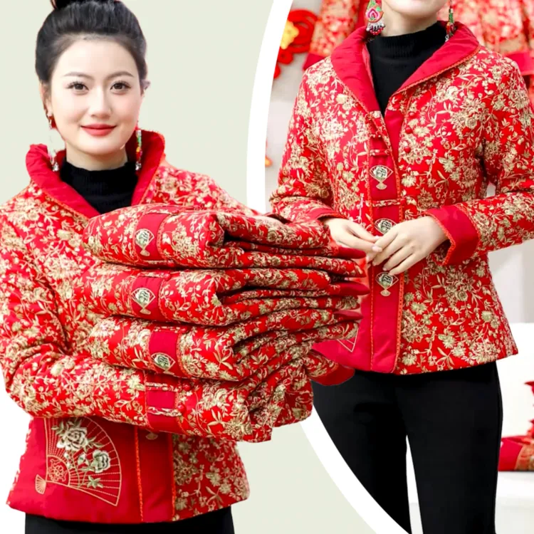复古中国风唐装棉服中年妈妈装修身绣花短款棉衣时尚轻薄款外套女