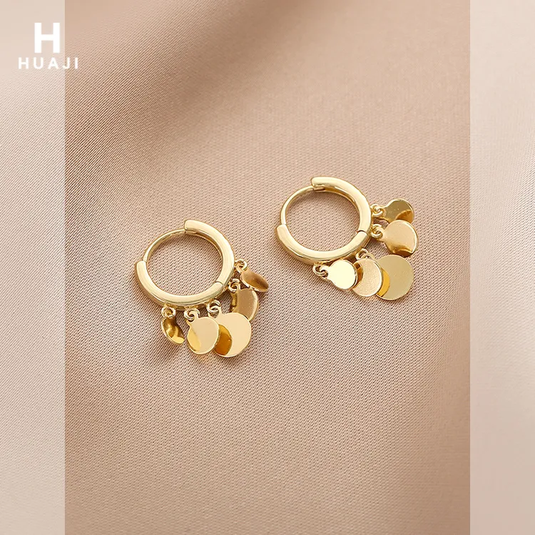 花迹 铜合金耳饰 闪闪圆片耳扣女士潮金色圈圈流苏耳环冷淡风个性