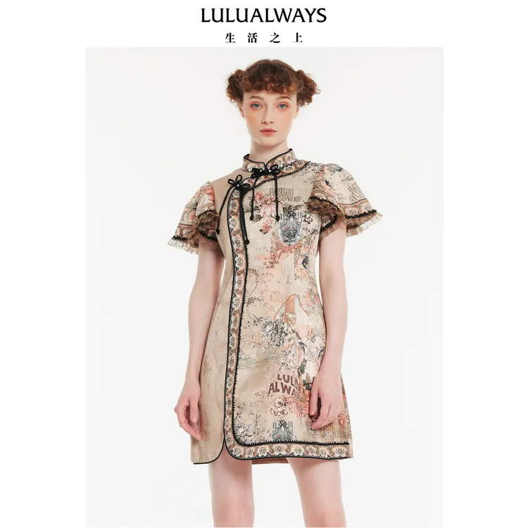 LULUALWAYS【商场同款】24秋季新款改良旗袍显瘦印花新中式连衣裙