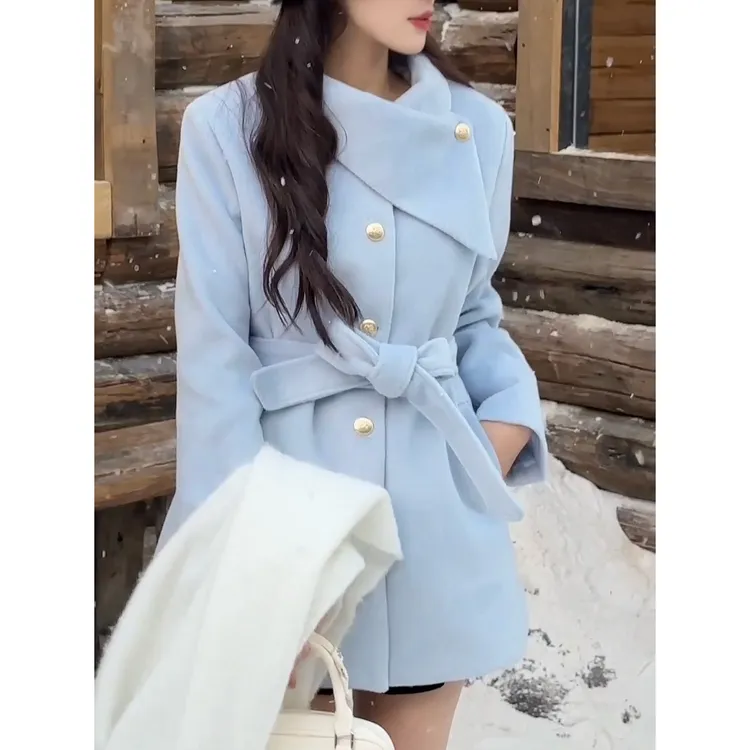 【冰川雾蓝】秋冬法式千金风气质加厚保暖显瘦毛呢大衣外套配送腰带