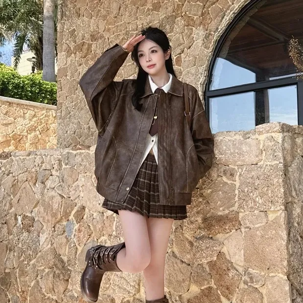 复古擦色做旧棕色皮衣女春秋新款美式甜酷机车PU皮夹克短外套