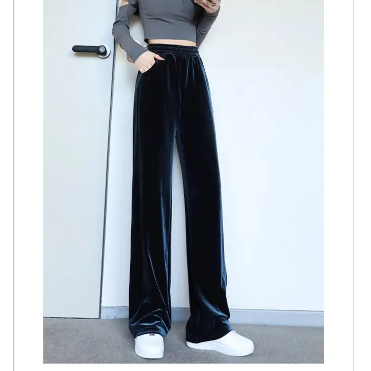 窄版金丝绒阔腿裤女秋冬高腰垂感百搭显瘦直筒裤黑色时尚拖地裤