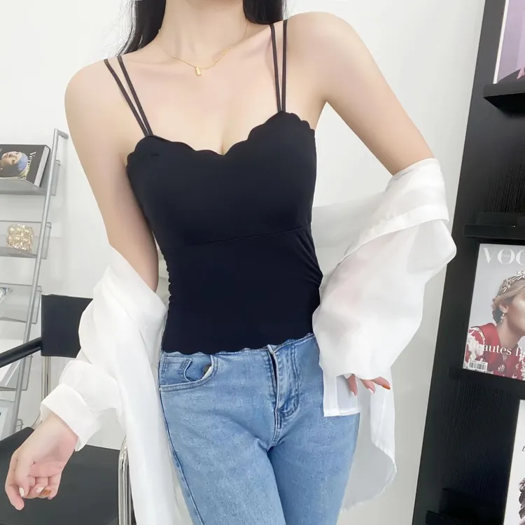2025新款冰丝双肩带美背吊带背心女外穿打底带胸垫无痕吊带背心夏
