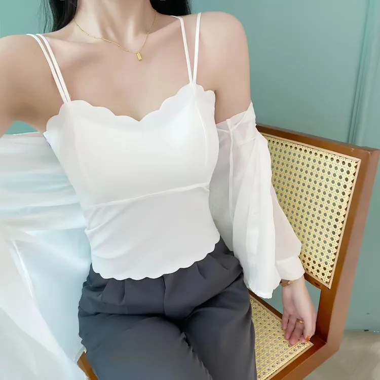 新款冰丝双肩带美背裹胸吊带背心女外穿打底带胸垫无痕吊带背心夏