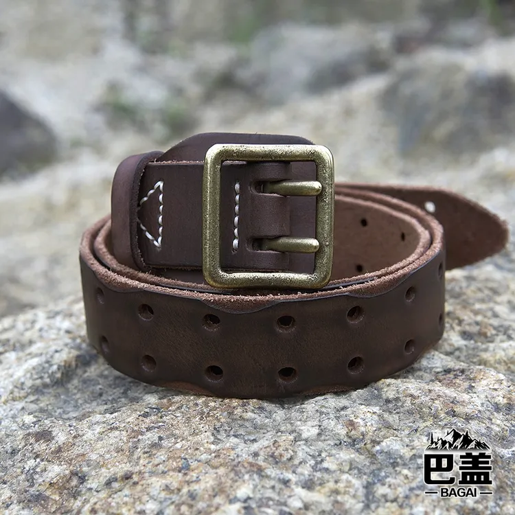 BAGAI/巴盖双扣加厚皮腰带 头层牛皮美鞍革实心黄铜双扣手工皮带