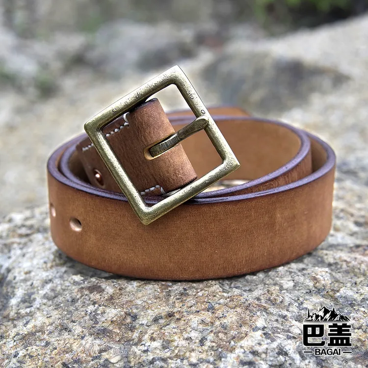 BAGAI/巴盖加宽加厚皮腰带 头层牛皮美鞍革黄铜重磅方扣手工皮带
