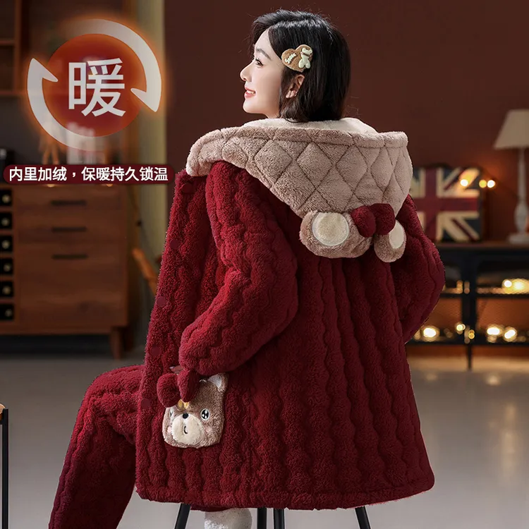 省服棉袄睡衣女士秋冬季加绒加厚三层夹棉韩版保暖连帽家居服外穿