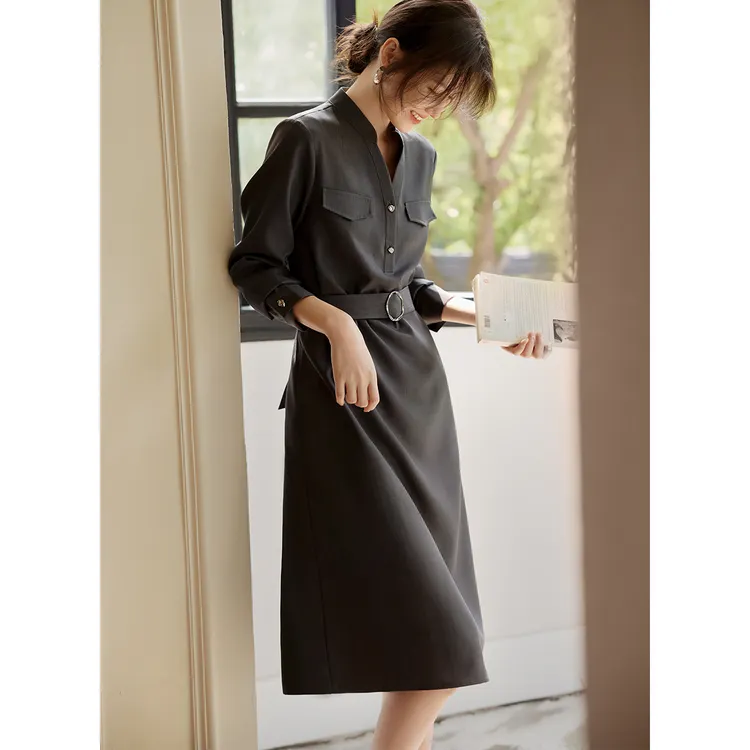 XWI/欣未2025秋季新款时髦格雷系气质显瘦收腰通勤连衣裙女装A002