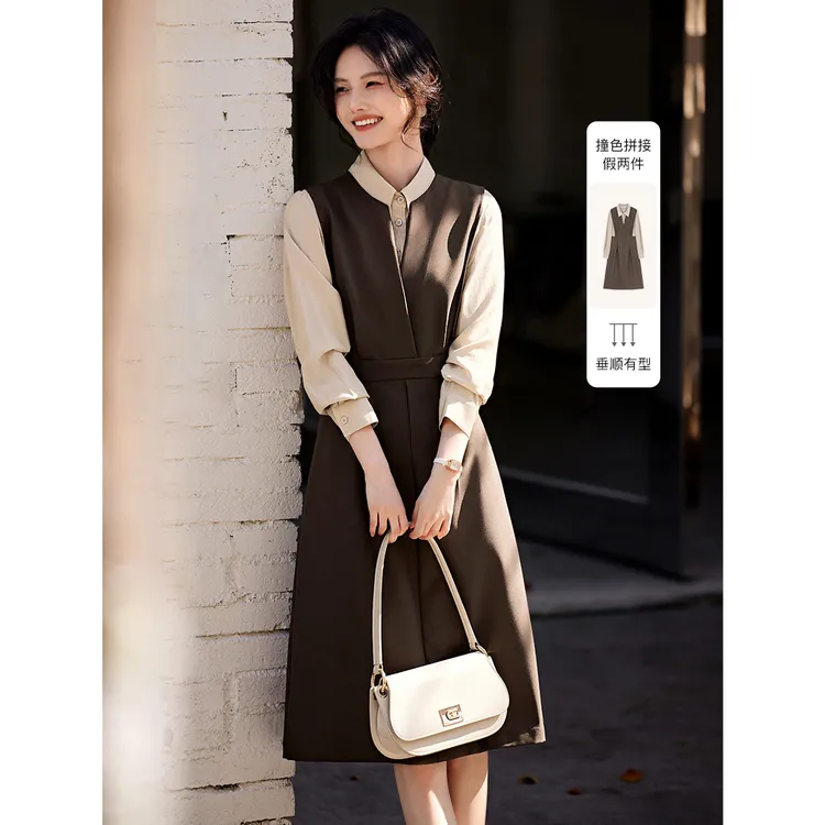 IHIMI/海谧25秋款时尚气质优雅撞色拼接假两件通勤显瘦连衣裙J008