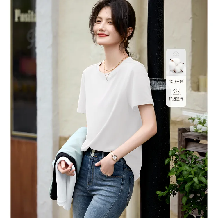 XWI/欣未2024夏款休闲舒适纯色设计感肩线显瘦圆领时尚T恤女A046