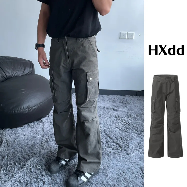 黑熊美式高街大口袋褶皱微喇工装牛仔男女同款宽松显瘦休闲长裤88