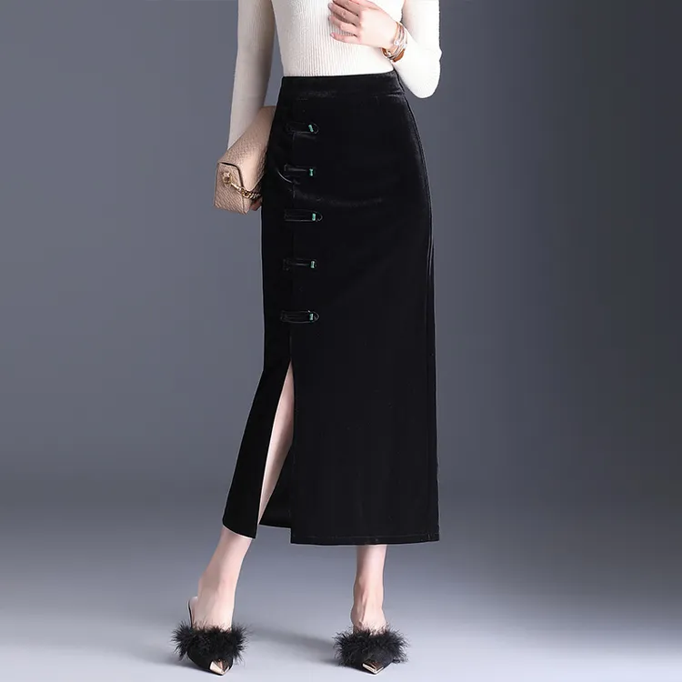 复古半身裙女2024秋新款高腰开叉一步裙包臀中长包臀裙子