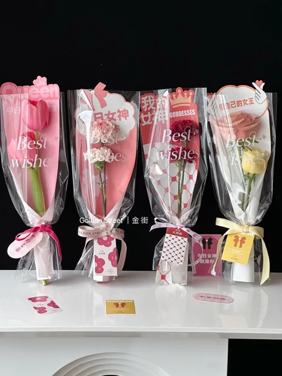 新款3.8女神节防水透明单支袋花店花艺单枝康乃馨单支花束鲜花包