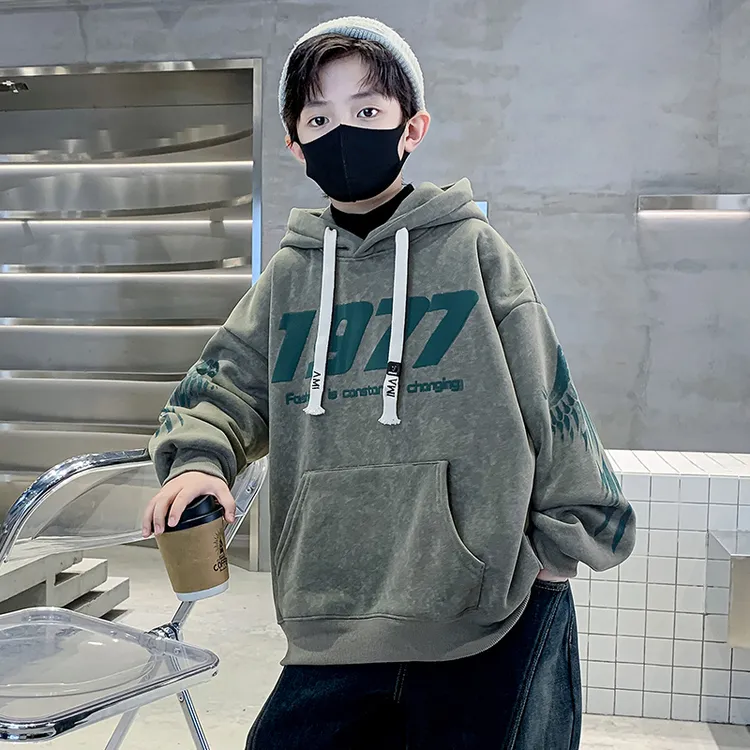 男童卫衣加绒加厚2025新款儿童休闲一体绒连帽卫衣中大童10-15岁