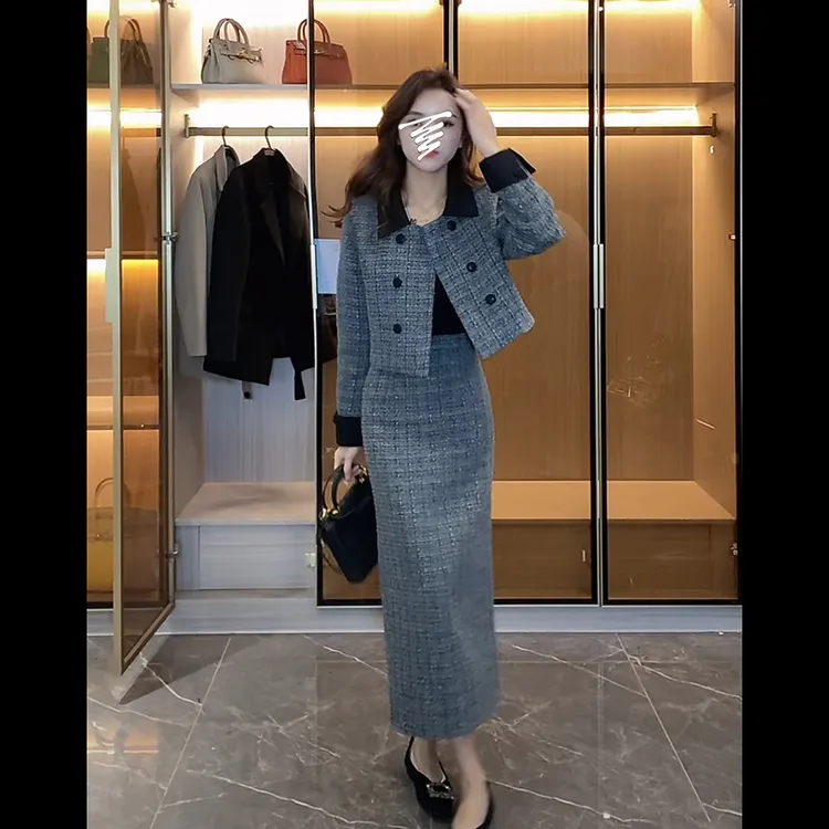 法式高级感灰色时尚小香风套装女2025秋冬新款气质上衣百搭半身裙