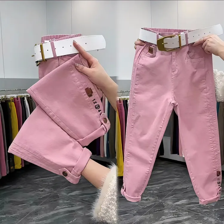 粉色牛仔裤女春秋新款哈伦高腰宽松显瘦百搭弹力时尚休闲九分萝卜