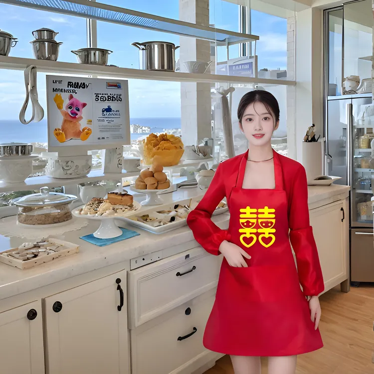 围裙创意婚宴印字三件套婚庆套装喜庆洋气围巾大红色两件套套袖