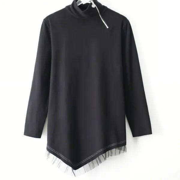 S230865 黑色立领长袖拼接网纱秋冬季大码女装显瘦毛针织打底衫