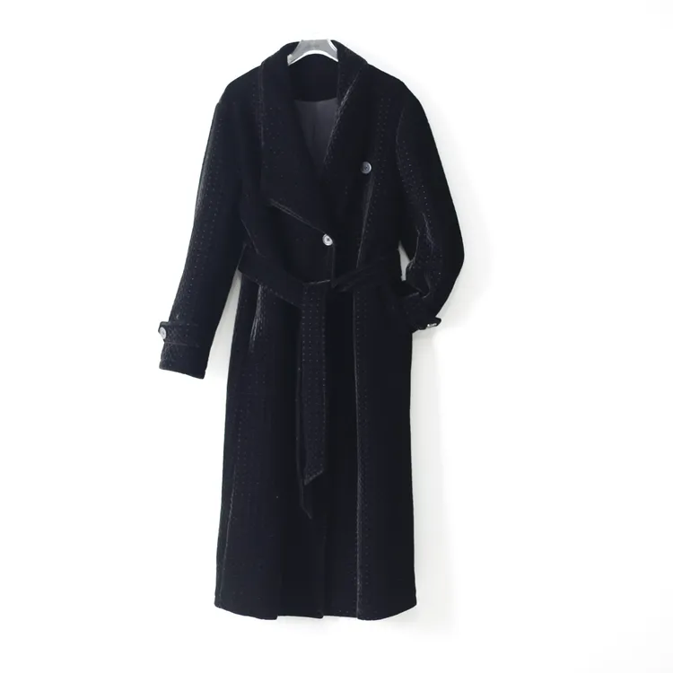 W231016 黑色绒面夹棉浴袍款宽松显瘦遮肉炭黑色大衣百搭秋冬外套
