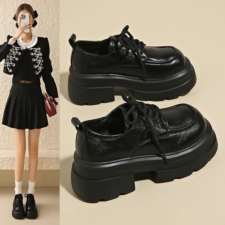 真皮厚底乐福鞋女秋冬2024年新款小个子增高系带单鞋乐福鞋女