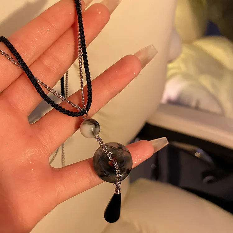 合金布艺项链 新中式平安扣项链女小众设计感中古风锁骨毛衣链