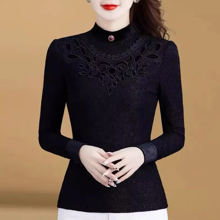 秋季新款时尚百搭显瘦洋气设计感蕾丝拼接立领长袖打底衫R5578