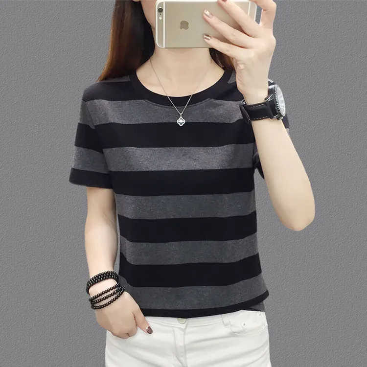夏装百搭短袖洋气T恤女士上衣新款正肩显瘦半袖宽松女士条纹短袖