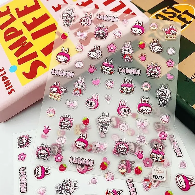 爆款高级粉红拉布布浮雕小熊美甲贴纸立体彩绘防水可爱DIY装饰贴