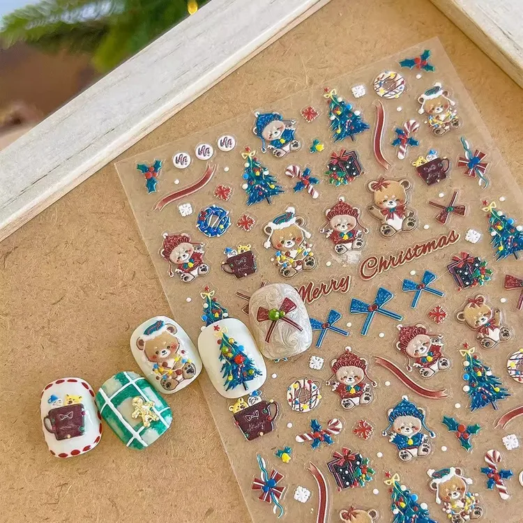 可爱爆款美甲饰品礼盒小熊浮雕美甲贴纸立体彩色蝴蝶结DIY装饰贴