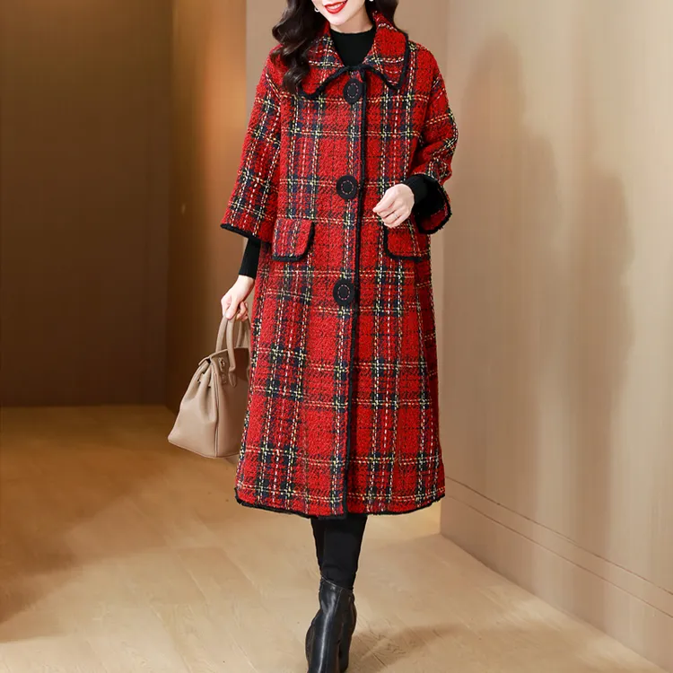 红色格子羊毛呢大衣女45-60岁高档妈妈装冬季新款贵夫人呢子外套