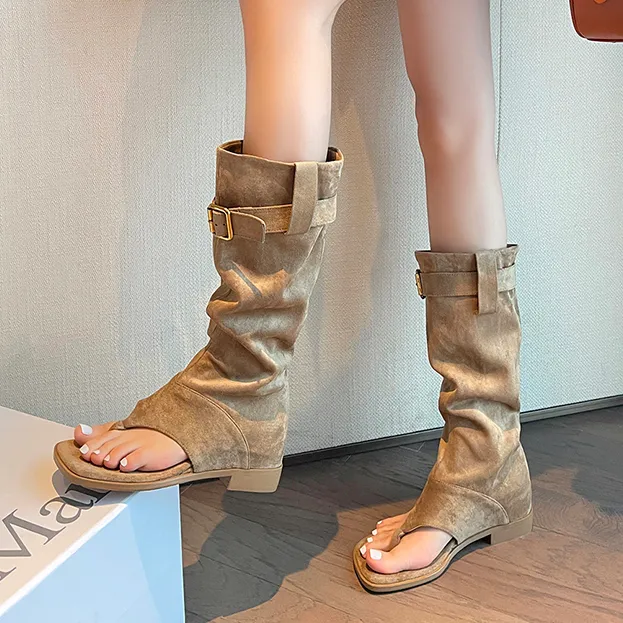 2025年春夏季新款夹趾人字拖凉靴裤管辣妹西部牛仔长靴凉鞋女潮