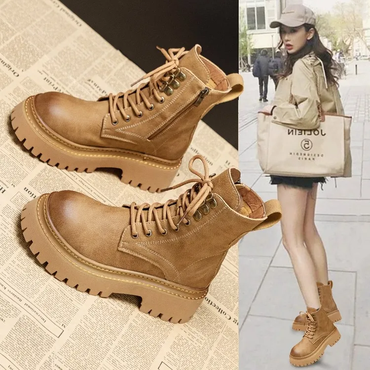 马丁靴女2025春秋新款英伦风舒适短靴子厚底增高复古机车靴潮