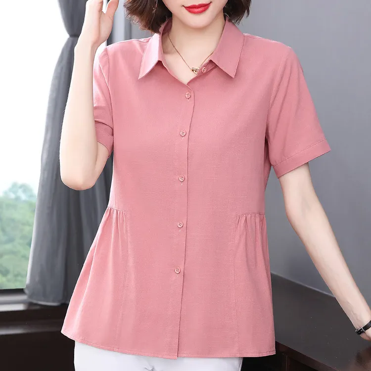 夏季新款短袖衬衫女中年妈妈装宽松显瘦百搭收腰薄款气质休闲上衣