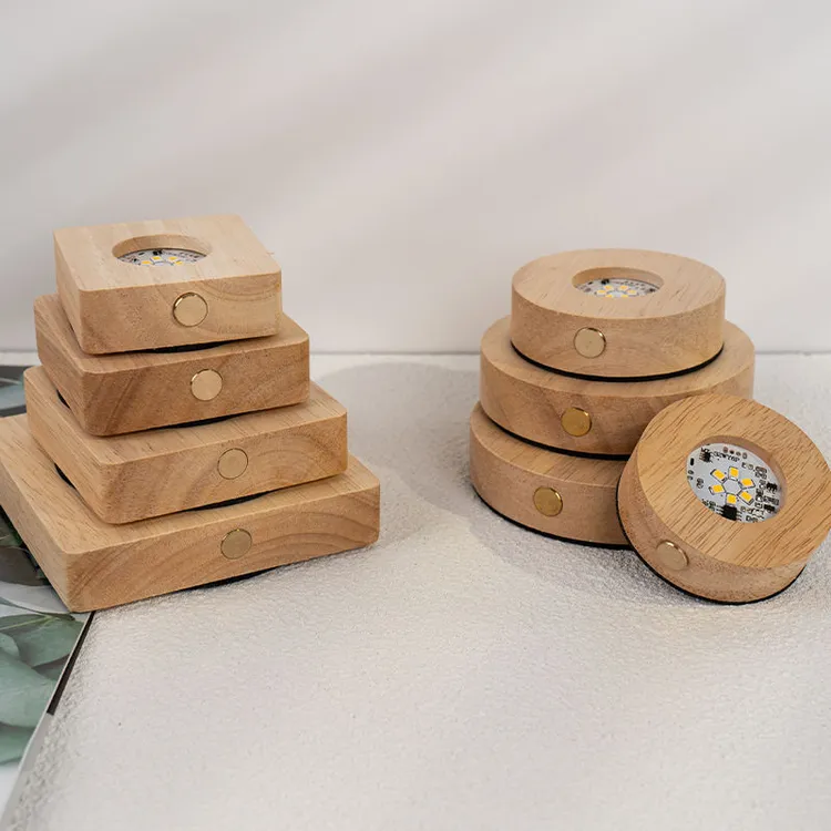 实木发光水晶球方体底座七彩光圆形灯座USB插口触摸充电木底座