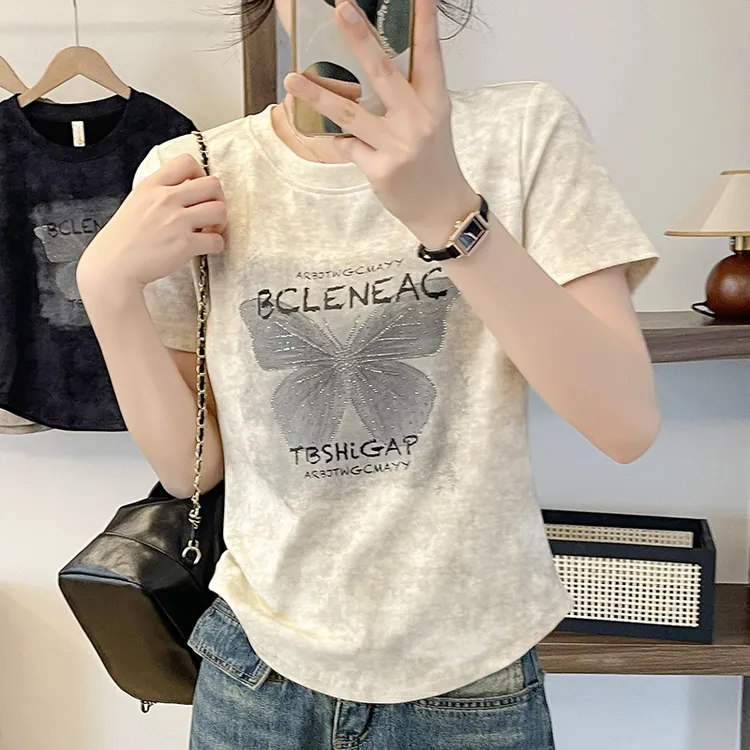 洋气高端蝴蝶印花ins短袖t恤女夏季女装2025新款时尚精致绝美上衣
