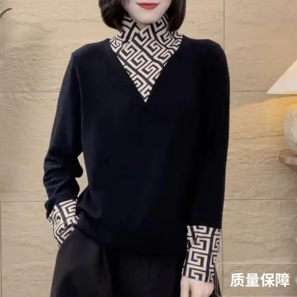 2024冬季新款半高领百搭气质高级打底衫洋气内搭保暖加绒拼接T恤