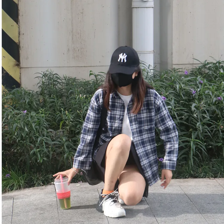 少年感衬衫黄色格子衬衫美式复古宽松蓝格子长袖休闲慵懒早秋外套