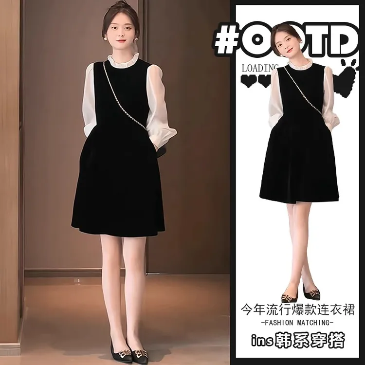 春秋穿搭高级感小个子法式长袖赫本风连衣裙拼接超好看绝美小裙子