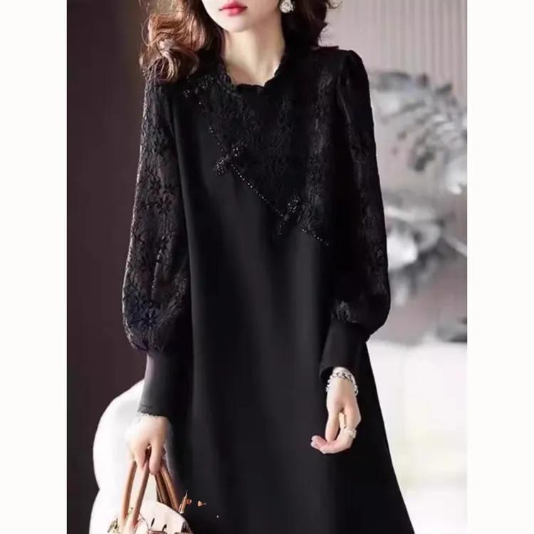 欧洲站中长款赫本风高级感大码遮肚子镂空国风盘扣气质蕾丝连衣裙