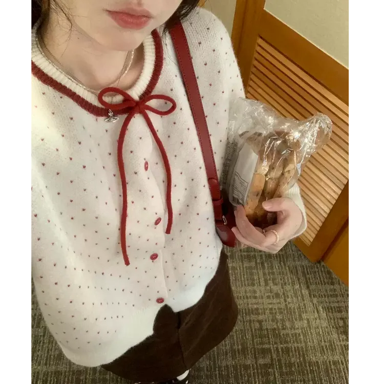 红色波点外搭短款毛衣外套女秋季2025新款韩系小个子针织开衫上衣