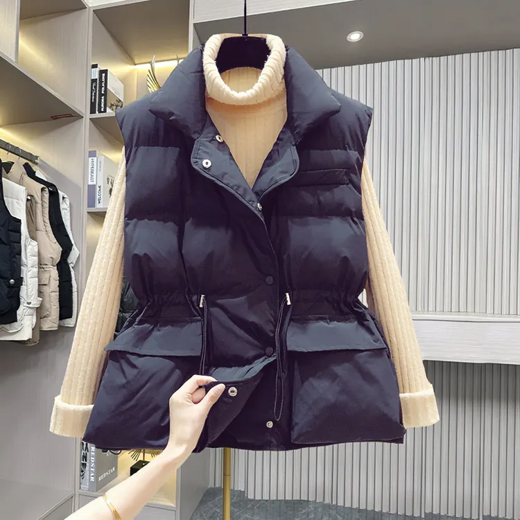  韩版百搭立领棉马甲女收腰坎肩2025早春宽松抽绳口袋马夹女上衣