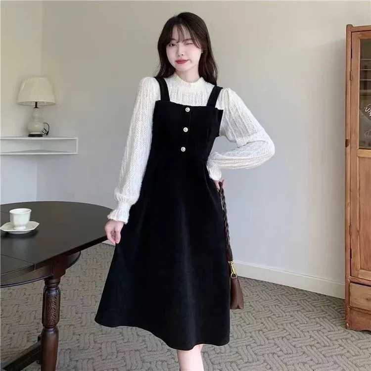 大码小香风撞色假两件收腰长袖蕾丝连衣裙女秋季胖mm显瘦中长裙子