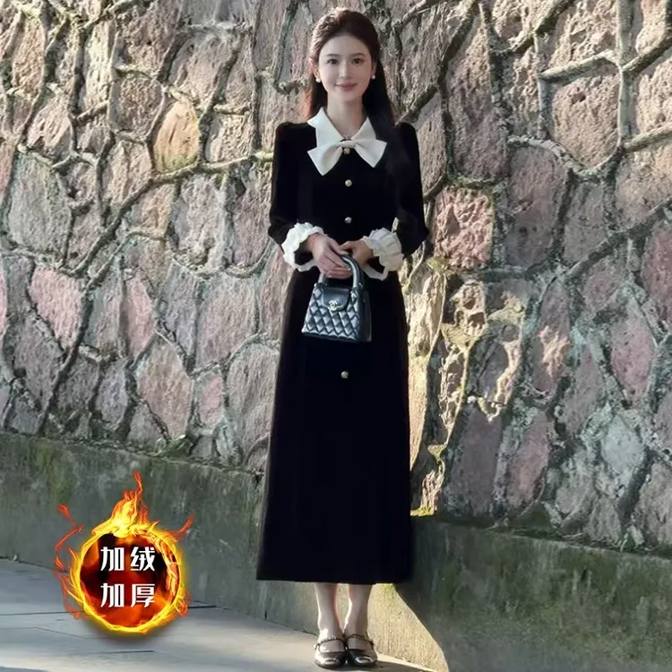 甜美赫本风加绒连衣裙女秋冬2024新款洋气法式高级感减龄黑色长裙