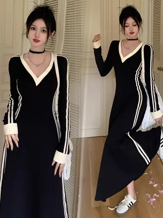 大码胖mm秋季条纹V领长袖t恤打底裙连衣裙女韩版高级感a字长裙子