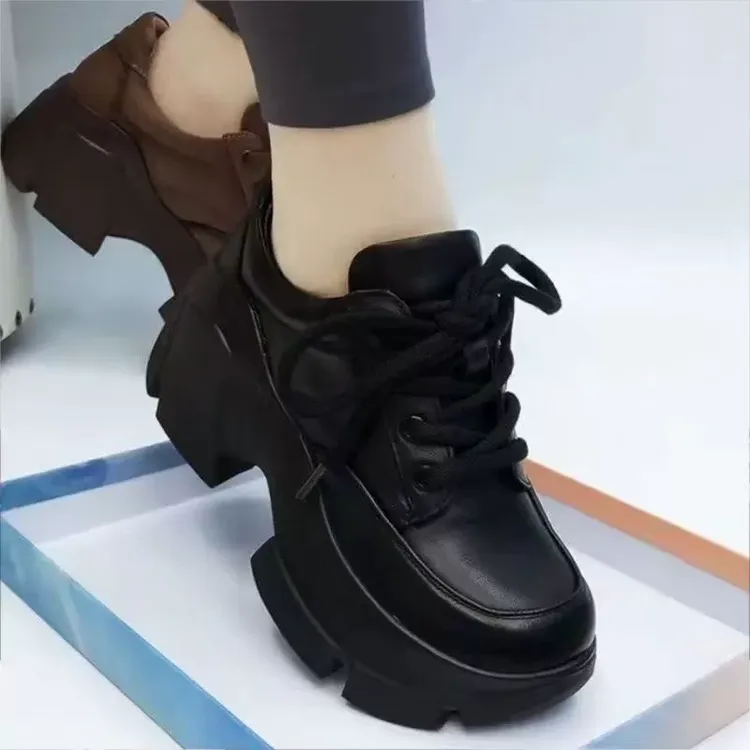 松糕厚底时尚加绒单鞋女2025秋冬新款圆头系带休闲百搭增高深口鞋