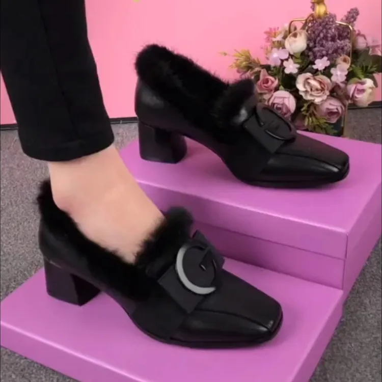 加绒粗跟棉单鞋女2025冬季新款豆豆鞋高跟毛毛鞋保暖英伦风小皮鞋