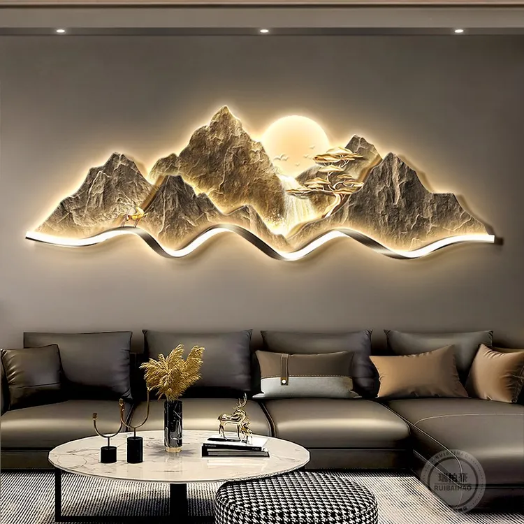 轻奢客厅装饰画背有靠山沙发背景墙挂画大气立体高级感山水壁灯画