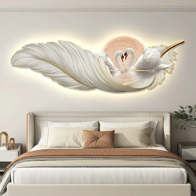 新款卧室挂画天鹅羽毛床头装饰画壁灯温馨奶油风主卧房间壁画