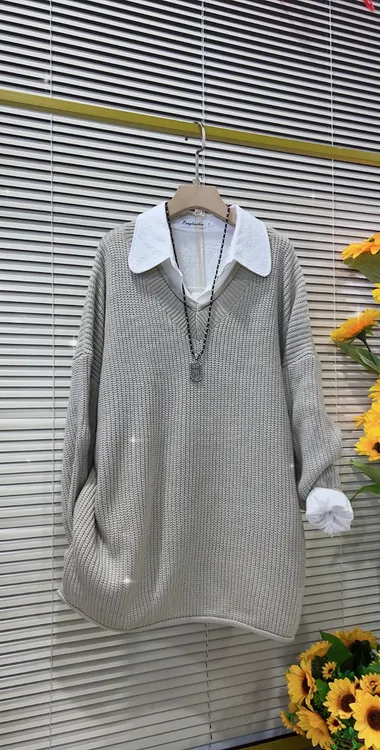 秋冬欧货韩版纯色V领大码针织毛衣宽松休闲上衣显瘦